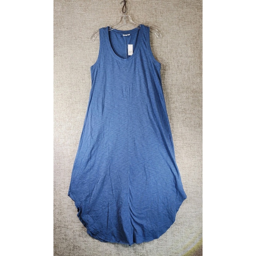 Gap 100% Cotton Slubknit Sleeveless Maxi Tank Dress Women M Blue Raw Hem NWT
